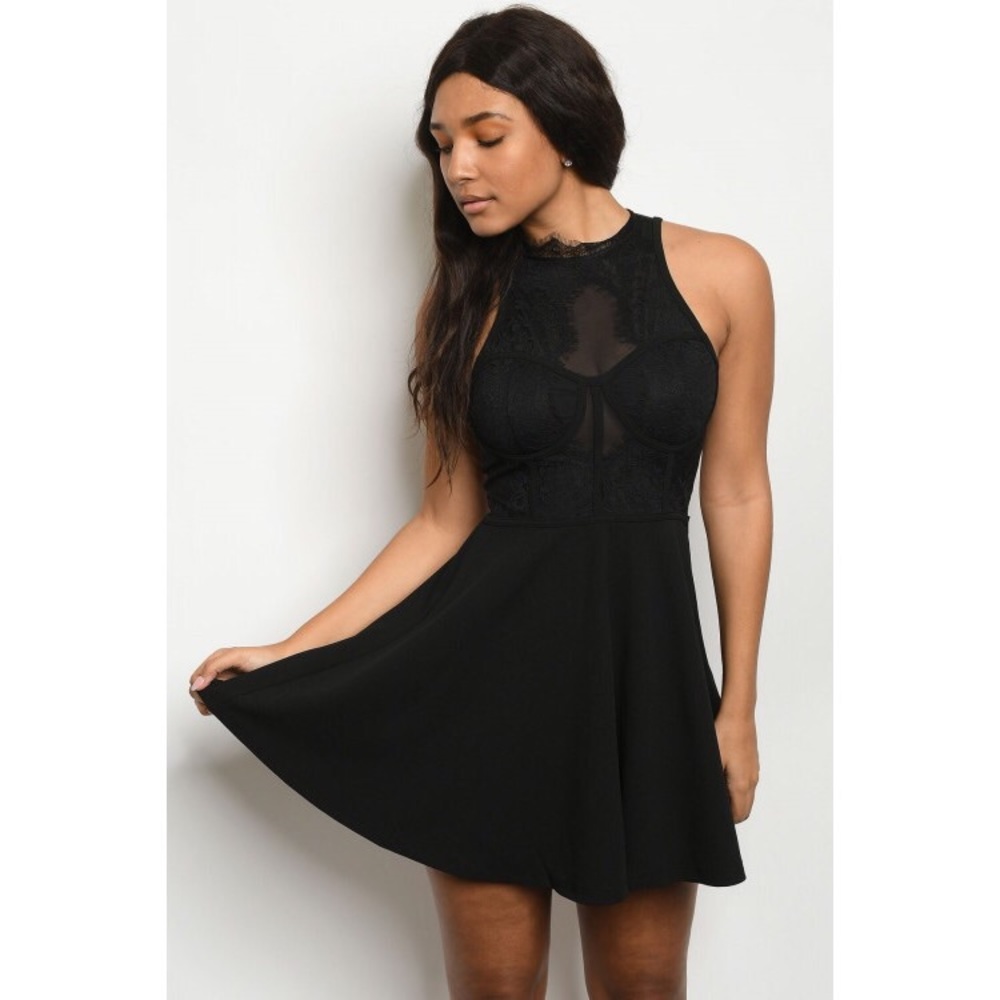 Black Eyelash Lace Insert Skater Dress‎ 🖤
